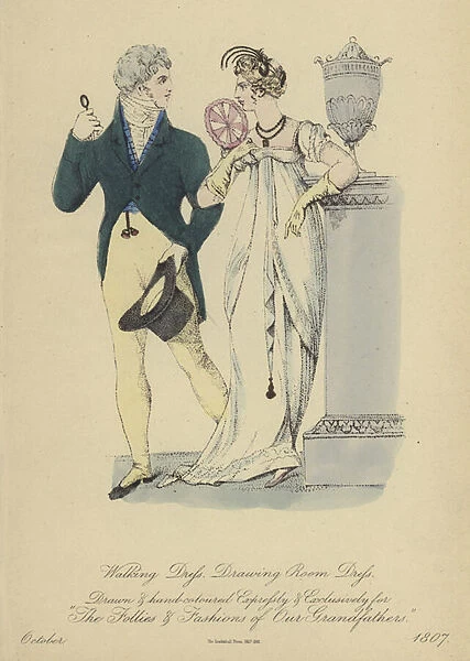Walking Dress and Drawing Room Dress (coloured engraving)