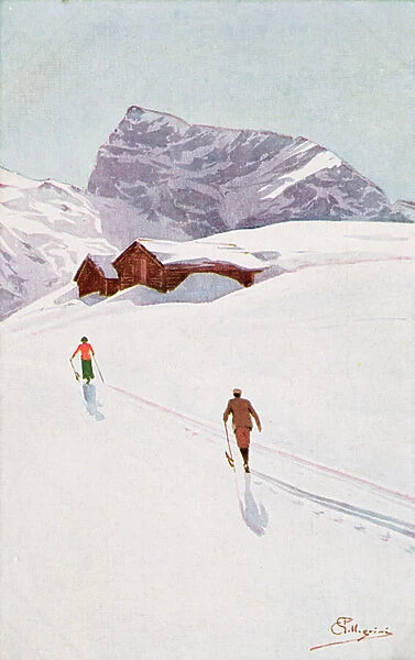 Walking in the Mountains near Engelberg, Switzerland (colour litho)