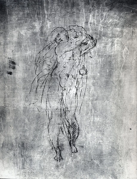 Wall drawing of a male figure, c. 1530 (charcoal on plaster) (b  /  w photo)
