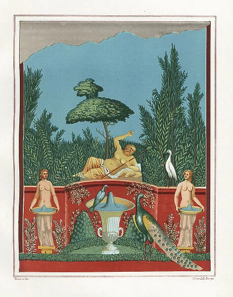 Wall painting of Bacchus with peacocks and fountains from a garden wall in the House of Romulus and Remus, VII.VII.10. Chromolithograph by Victor Steeger after an illustration by Geremia Discanno from Emile Presuhn (1844-1878)