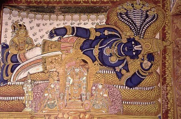 Wall Painting of the God Vishnu Resting on a Snake (fresco)
