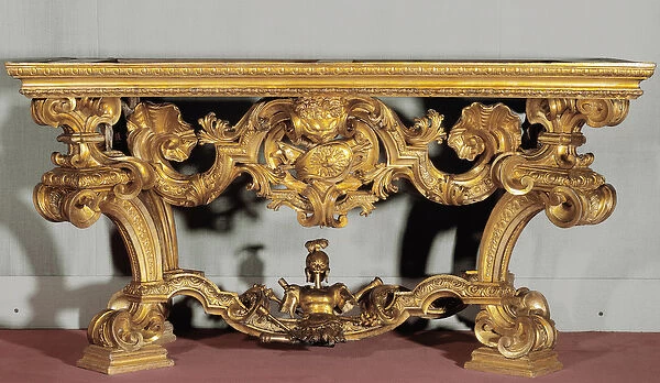 Wall table with albatre top made by a Genois artist (18th century) carved in gilded wood