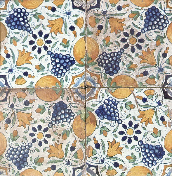 Wall tiles patterned with pomegranates and grapes, Dutch early 17th century (ceramic)