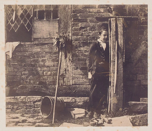 Walter Chamberlain hiding behind Bredicot pump, mid-1850s (salt print from paper negative
