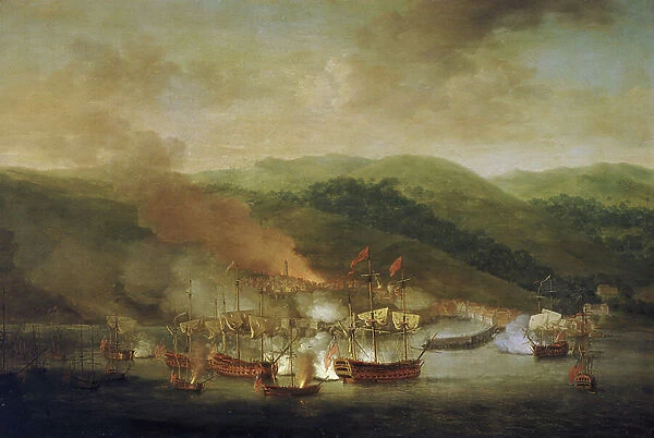 War of the Austrian Succession (1740-1748): the bombing of Bastia (France), November 6, 1745. Oil on canvas, 18th century, by Samuel Scott (1702-1772)