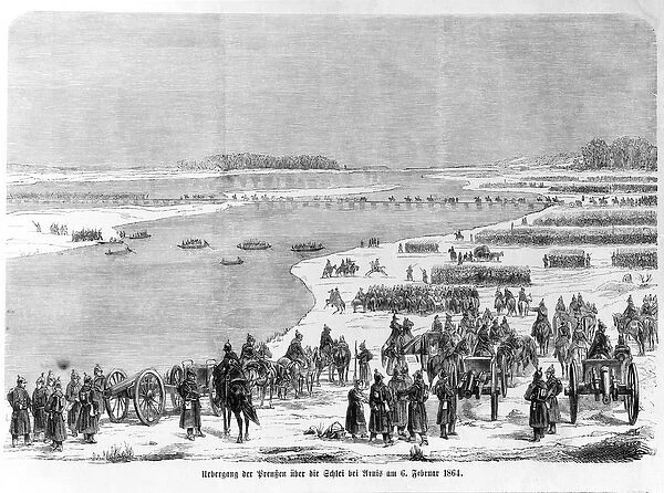War of Duchies, the Prussian army crossing the Shlei at Arnis, illustration