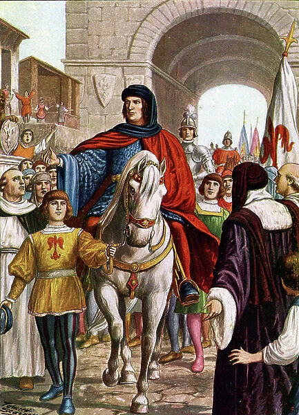 War of the pazzi: the return of Laurent de Medicis (1449-1492) to Florence, victorious over the alliance of the pope and the Neapolitans, cheered by the crowd (Lorenzo de Medici ruler of the Florentine Republic)