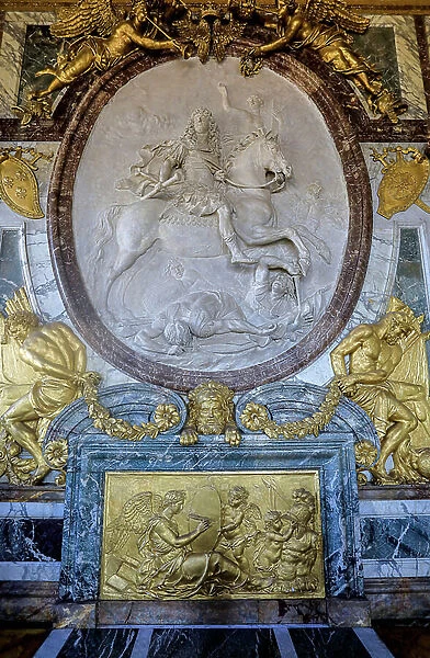 War Salon in The Palace of versailles. Louis XIV in the War salon, 17th century (marble relief)