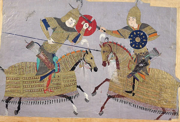 Two warriors on horseback in combat, School of Tabriz, c. 1480