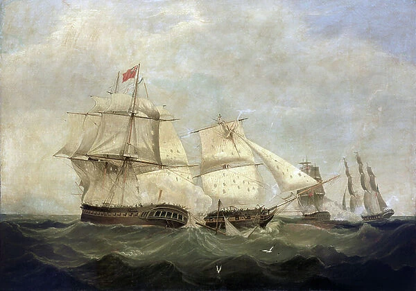 Wars of the French Revolution (1792-1802): naval battle between the British HMS Dido and Lowestowe against the French frigates Minerve and Artemise, on 24 June 1795, off the coast of Menorca (Spain)