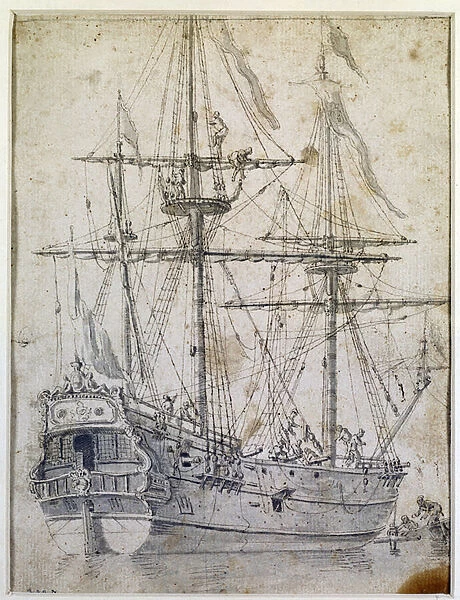Warship: 18th century ink wash Paris, decorative arts