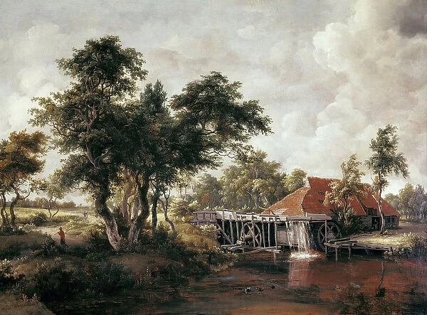 Water mill with large red roof. Painting by Meindert HOBBEMA, (1638-1709)