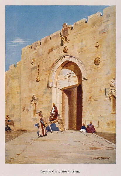 Watercolour by Stanley Inchbold, depicting the King David or Zion Gate, in Jerusalem