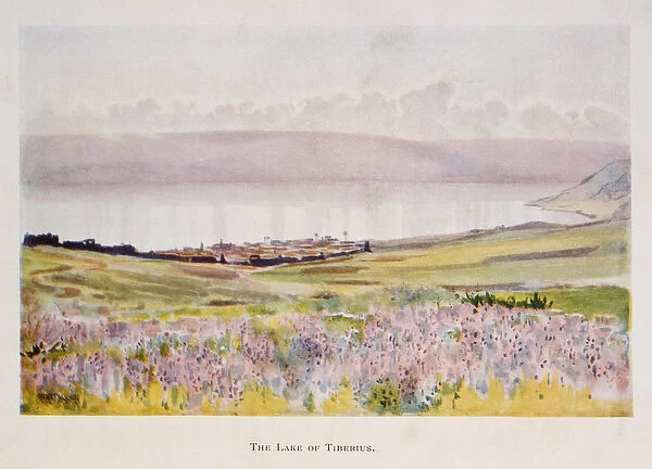 Watercolour by Stanley Inchbold, depicting the Sea of Galilee in Palestine 1906