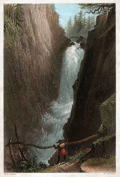 Waterfalls of the Aar, in the Aar Gotthard massif, Swiss Alps. circa 1850 (Engraving)