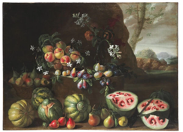 Watermelons, peaches, pears and other fruit in a landscape (oil on canvas)