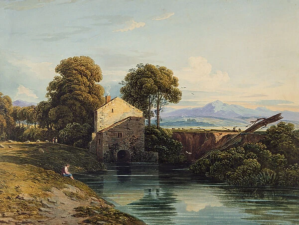 Watermill with Distant Castle and Hills, 1822 (w  /  c on paper)