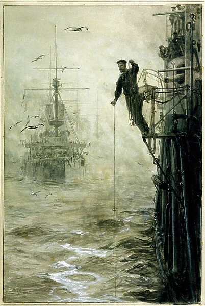 Find your way through the fog, with a sailor balancing on the runway, holding a plumb line, in the foreground to measure the depth of the water