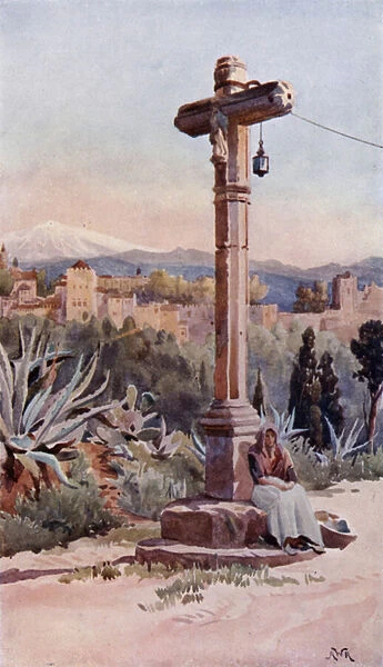 Wayside Cross, near Granada (colour litho)