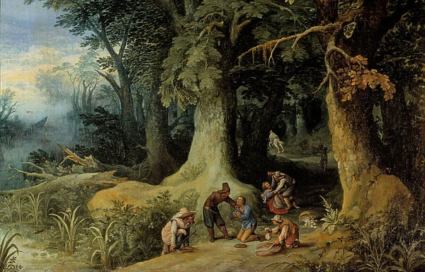 Weapon attack in a wood A group of highway bandits. Painting by Paul Bril (Brill) (1554-1626), 17th century Sun. 1, 15x1, 47 m