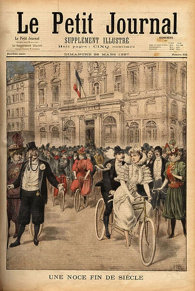 A wedding at the end of the century, the young women left the city hall in Paris, riding a tandem, followed by their motorcycle ride. Engraving in 'Le petit journal'28  /  03  /  1897. Selva Collection