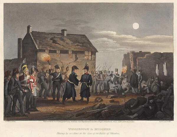 Wellington and Blucher meeting by accident at the close of the Battle of Waterloo, engraved by M. Dubourg, 1819 (coloured aquatint)