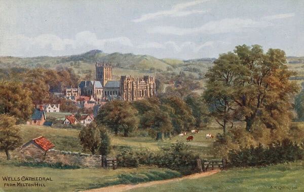 Wells Cathedral, from Milton Hill (colour litho)
