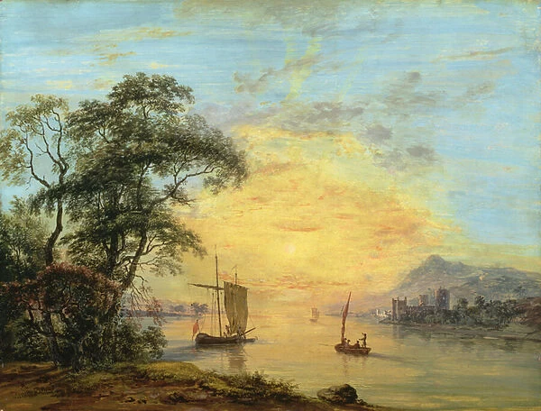 A Welsh Sunset River Landscape, c. 1775-1800 (oil on panel)