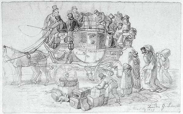 A West Country Mail Coach leaving Piccadilly, 1829 (pencil on paper) (b  /  w photo)