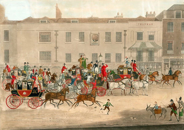 West Country Mails at the Gloucester Coffee House, Piccadilly, London (coloured engraving)