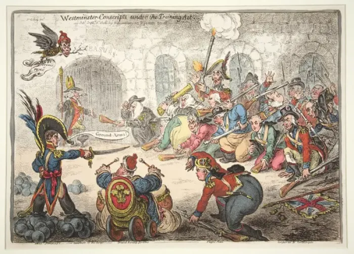 Framed Print : Westminster-Conscripts under the Training Act, 1806 (hand coloured engraving)