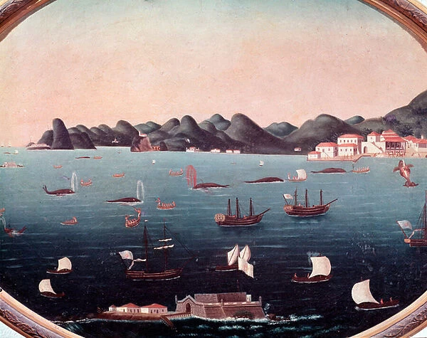 Whaling in the Bay of Guanabara in Brazil, 18th century (Watercolour)