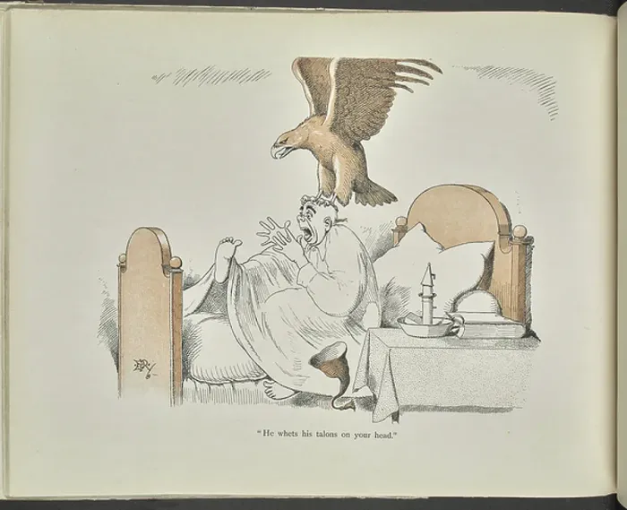 Framed Print : He whets his talons on your head. An eagle attacking a man in his bed