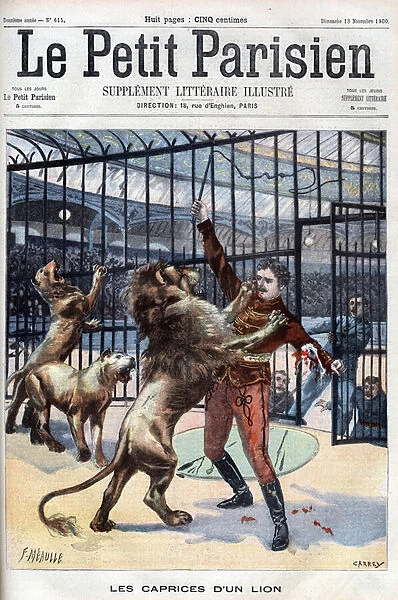 The whims of a lion in the circus of Paris in 1900