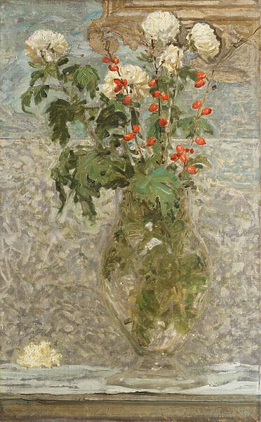 White Chrysanthemums and Red Berries (oil on canvas)