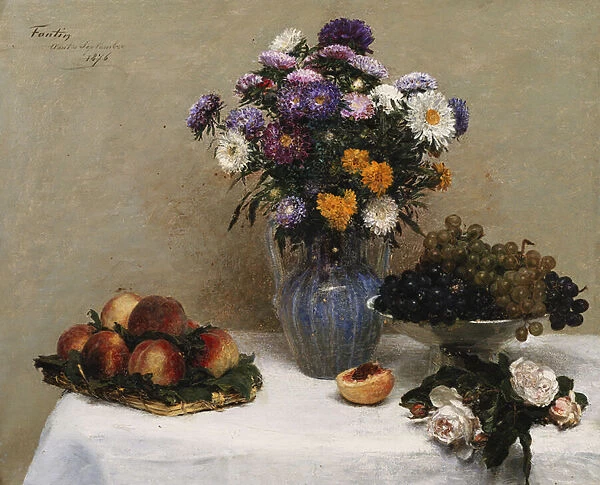 White Roses and Chrysanthemums in a Vase -Peaches and Grapes on a Table with a White