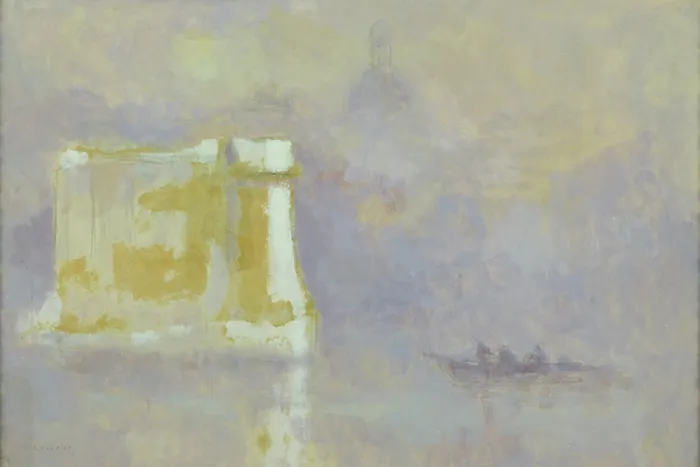 Framed Print : White stack surrounded by mist (w / c on paper)