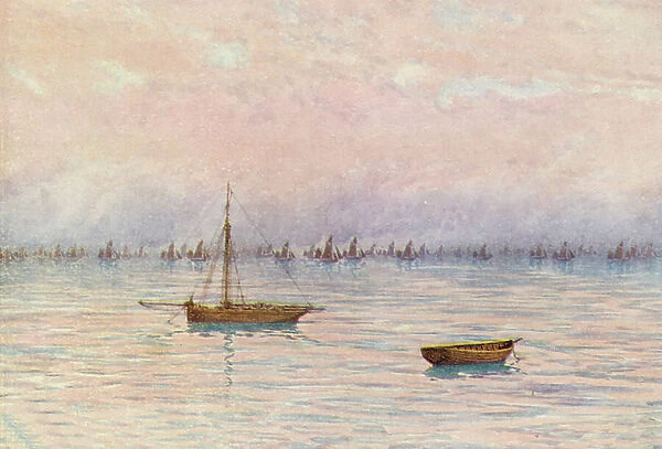 The Whitstable Oyster Fleet dredging off Herne Bay (colour litho)
