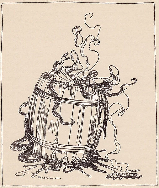 The wicked mother-in-law was put into a barrel full of boiling oil and venomous snakes. Illustration by Arthur Rackham from Grimm's Fairy Tale, The Twelve Brothers, published late 19th century