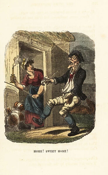 A wife taking a stick to her drunken husband. 1831 (engraving)