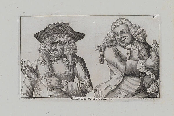 Two Wigged Men Burlesque the Magna Carta (engraving)