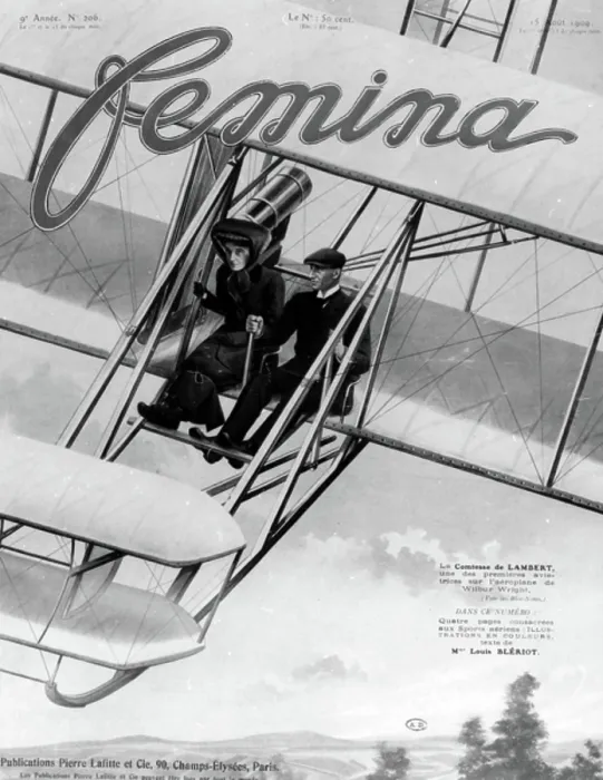 Framed Print : Wilbur Wright taking the Comtesse de Lambert for her first flight at Pau, France, in February, 1909, Cover illustration of Femina magazine, 15 August, 1909 (litho) Framed Print : Wilbur Wright taking the Comtesse de Lambert for her first flight at Pau, France, in February, 1909, Cover illustration of Femina magazine, 15 August, 1909 (litho)