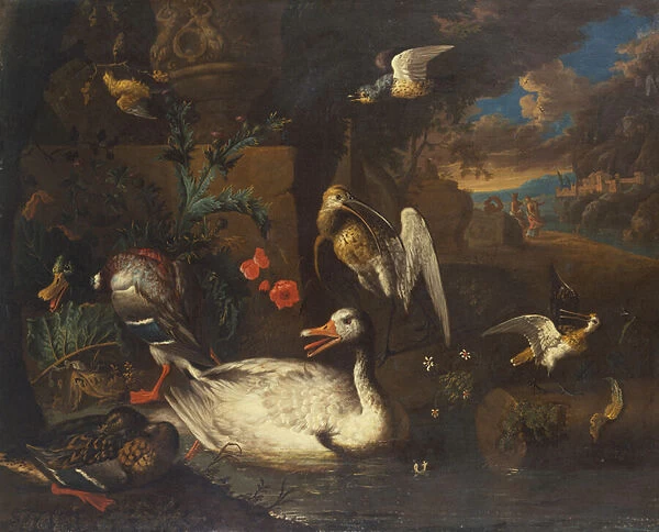 Wild Fowl in a Landscape and Figures (oil on canvas)