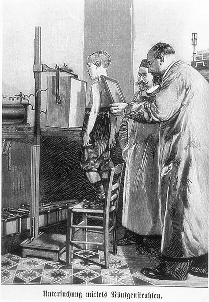 Wilhelm Konrad Roentgen (1845-1923) x-raying a young boy, from a book by Hans Kraemer, c