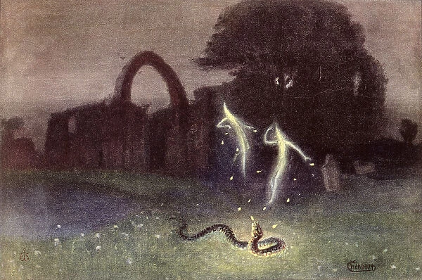 Will-o -the-wisp and Snake (colour litho)
