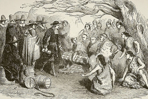 William Penn makes a treaty with the Delaware or Lenape Indians in 1682 (litho)