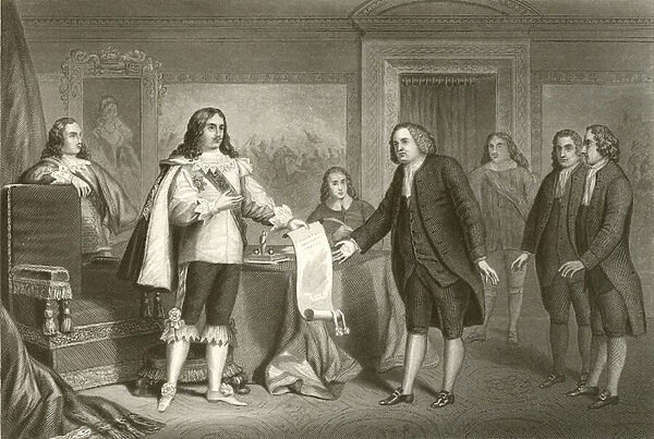 William Penn receiving the Charter of Pennsylvania from Charles II (engraving)