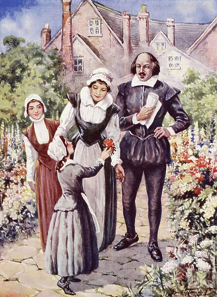 William Shakespeare, with his wife and two daughters, in the garden at New Place, Stratford-upon-Avon (colour litho)