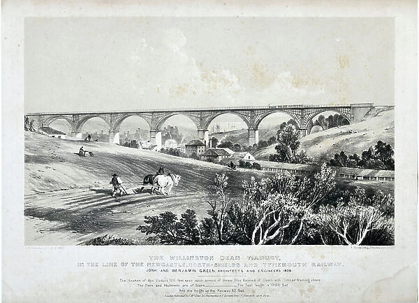 Willington Dean Viaduct, in the line of the Newcastle, North Shields and Tynemouth Railway, 1838 (hand coloured lithograph on paper)