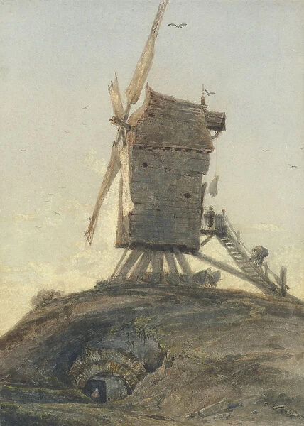 Windmill on a Knoll in a Landscape (w  /  c with bodycolour on paper)